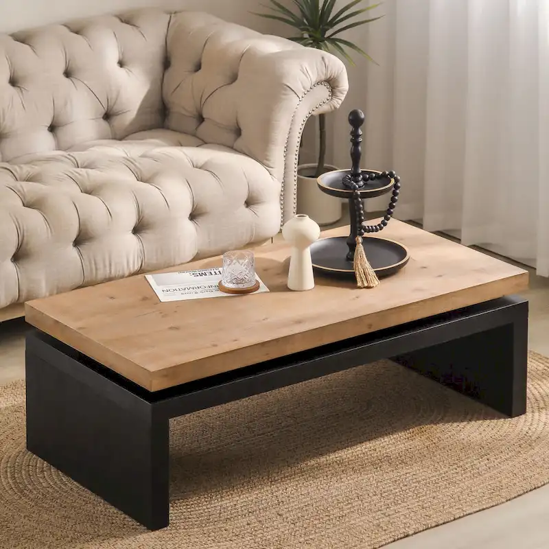 Black and Natural Wood Living Room Table Versatile Coffee Table 2-Tiered Wood Tabletop Table