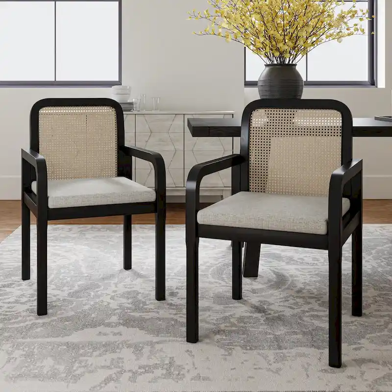 Modern Rattan Back Dining Chair with Removable Cushion - Rubber Wood Frame, Linen Upholstery