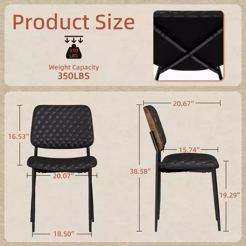TYBOATLE Mid Century Dining Chairs Set of 2, Quilted PU Leather Kitchen Chairs with Bentwood Back, Industrial Upholstered Side Chairs
