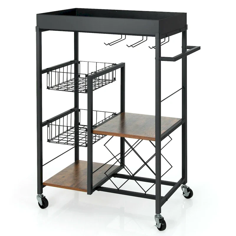 Gymax 4-Tier Kitchen Bar Cart Rolling Serving Trolley Wine Rack - See Details