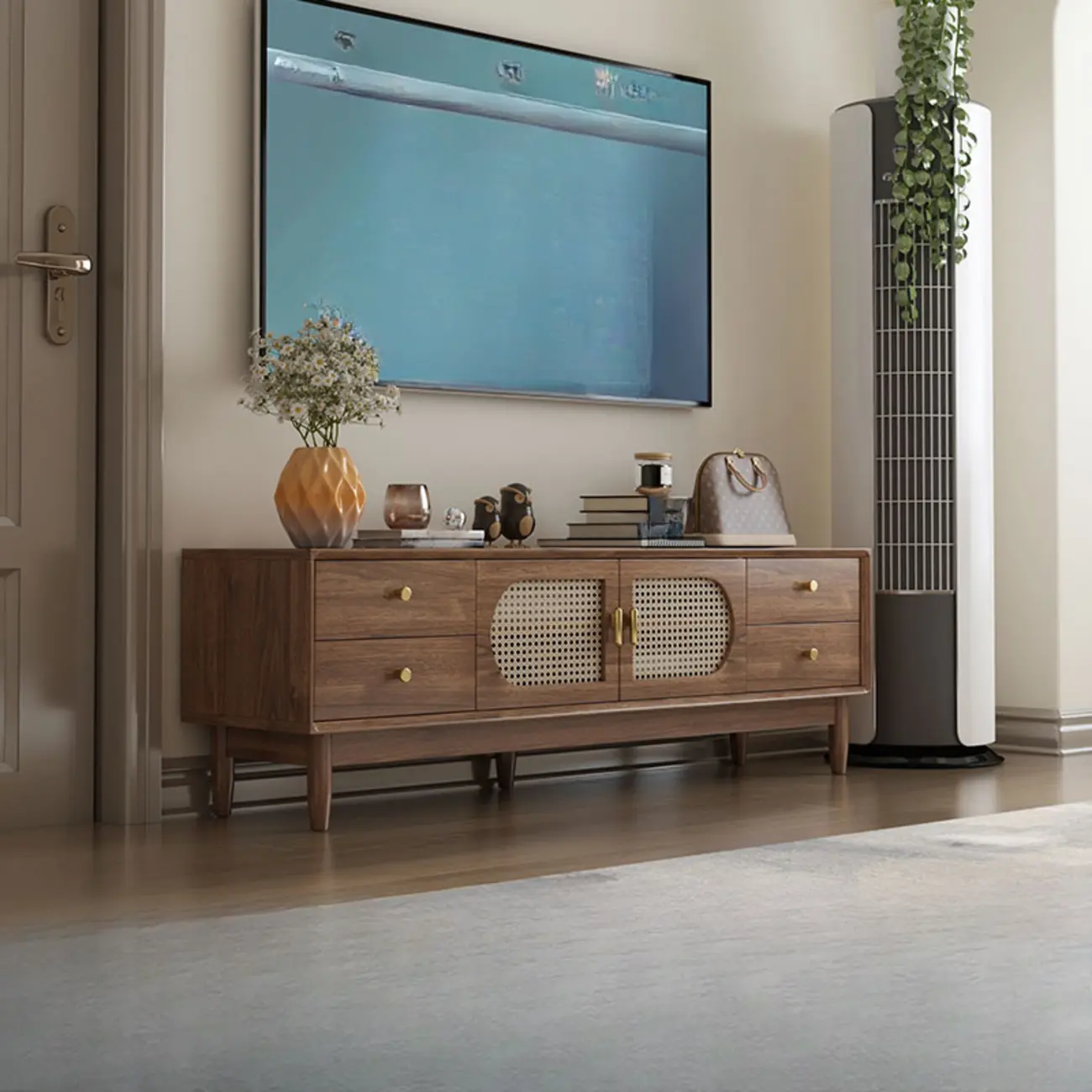 63 Brown Solid Wood TV Stand with 4-Drawers for Living Room