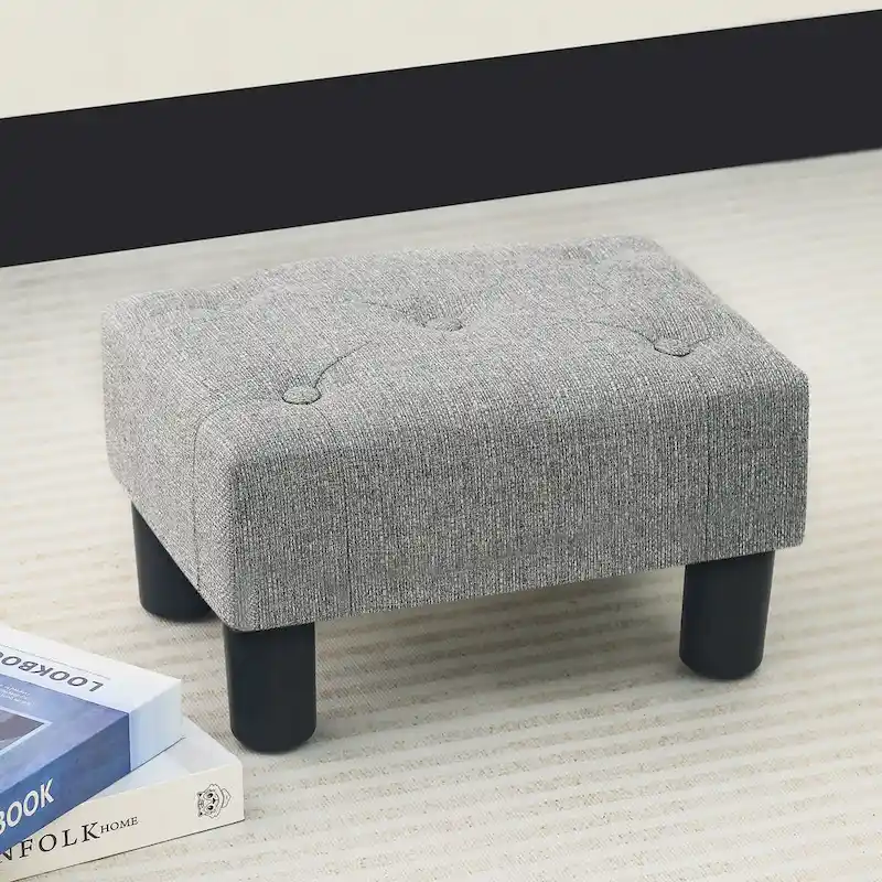 Adeco Button Tufted Linen Foot Stool Rectangular Small Ottoman