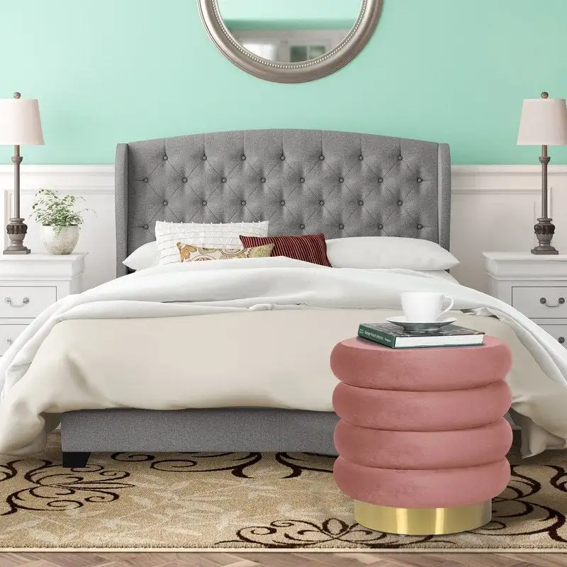 Adeco Round Velvet Ottoman Upholstered Foot Stool