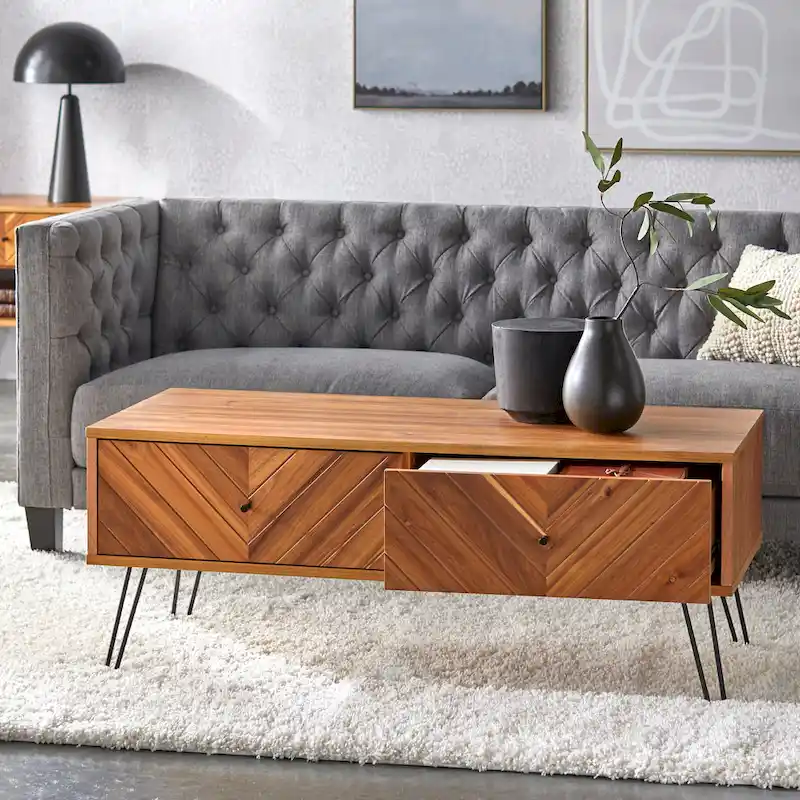 Coffee Table with 2 Drawers, Oak, Chevron Pattern, Mid-Century Modern, Acacia Veneer