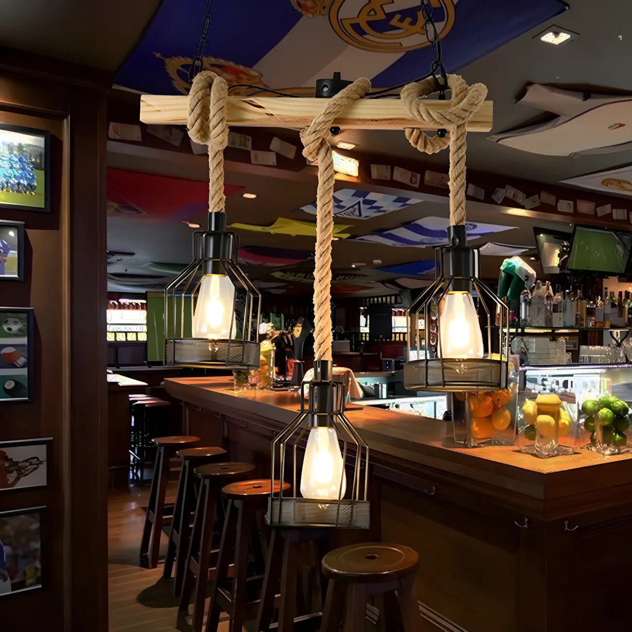 Industrial 8-Light Iron Bottle Pendant Light with Rope Decor