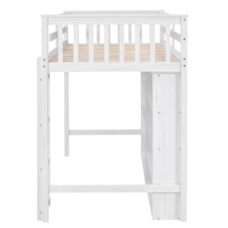 Twin Size Wood Loft Bed w/ 8 Open Storage Shelves and Built-in Ladder