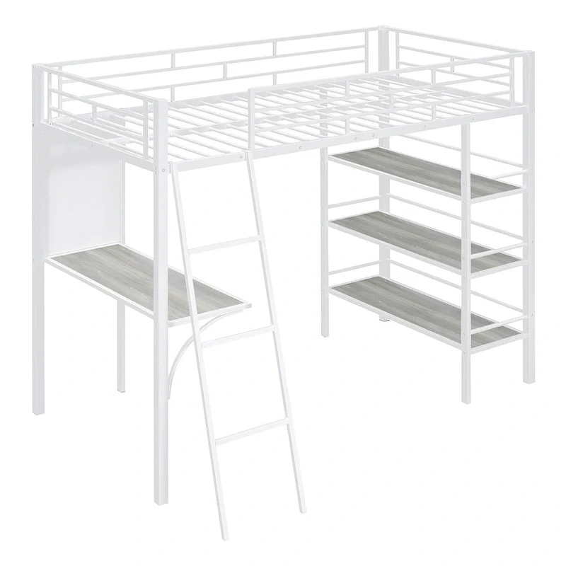 White Twin Loft Metal Bed with Shelves