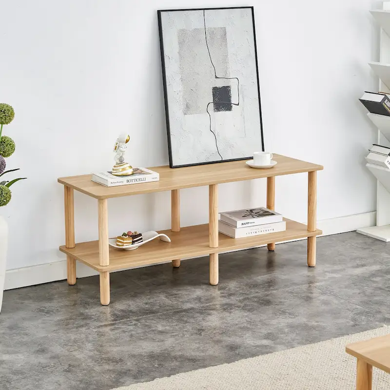 Modern 2-Tier TV Stand with Open Storage Shelf & Rubberwood Legs