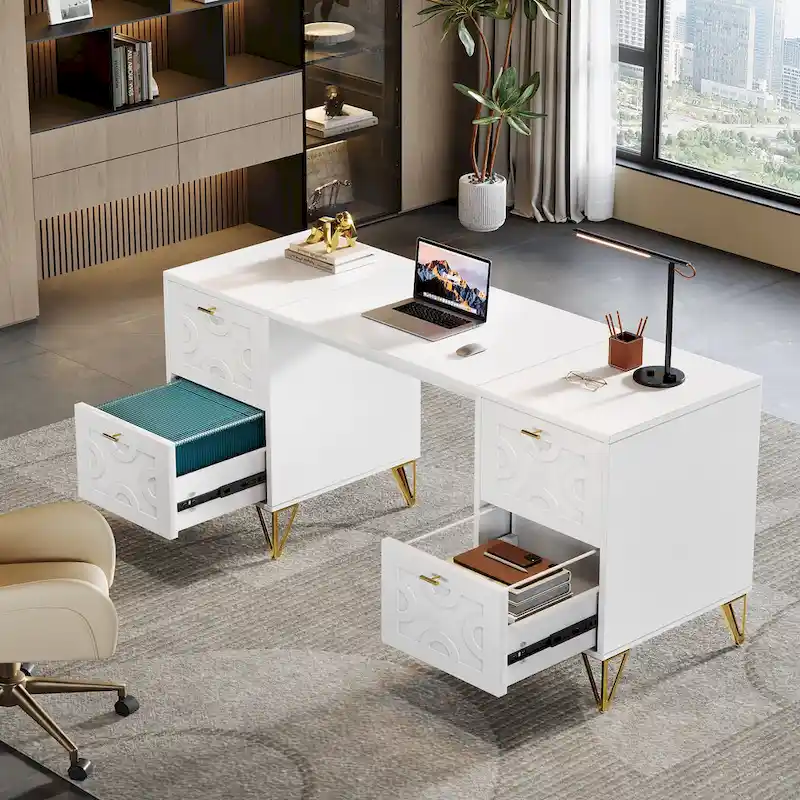 White Computer Desk with File Drawers, 59 Modern Home Office Desk