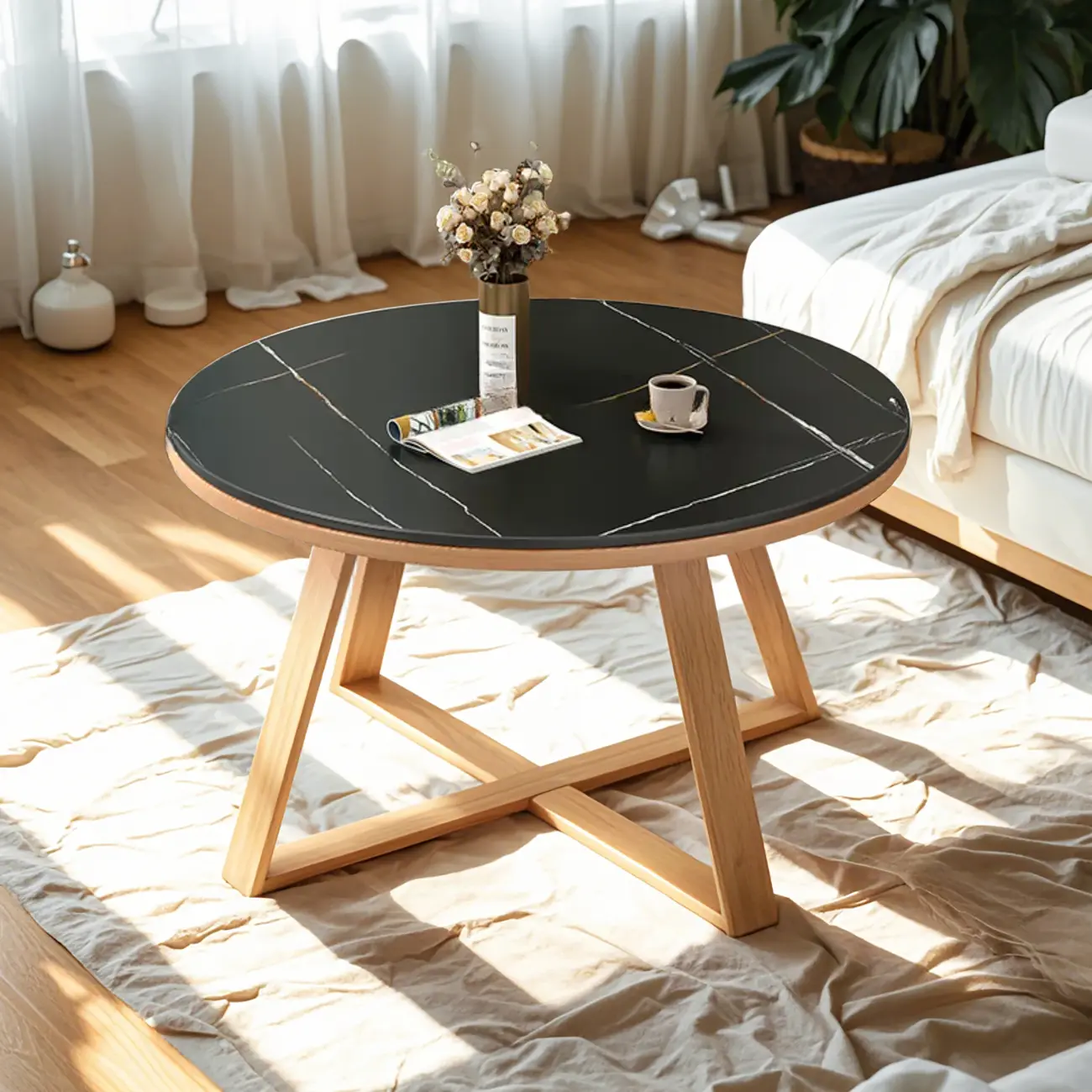 Modern Marble Round 2 Nesting Coffee Table Set with Wood Base