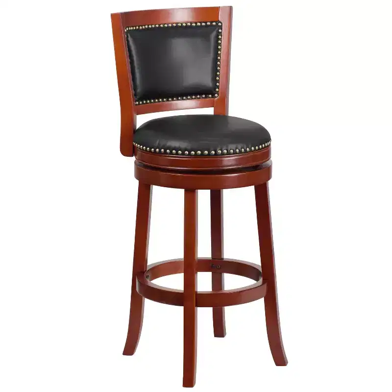 Emma and Oliver 30H Open Panel Back Wood Barstool with Leather Swivel Seat