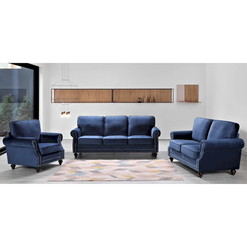 Ramos Nailhead Velvet 3-Piece Set-Loveseat Sofa and Chair