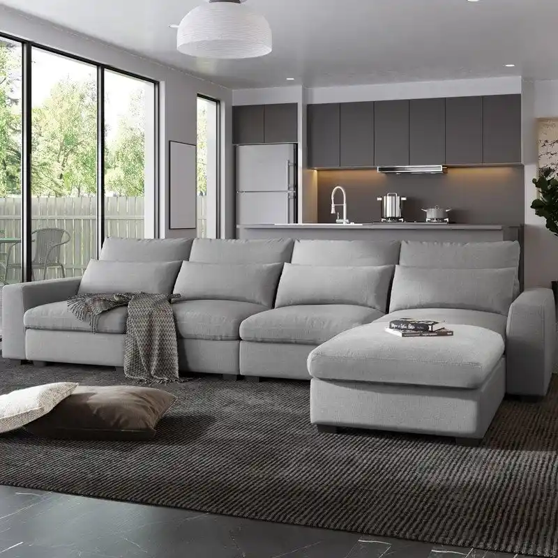 Modern Convertible L-Shaped Linen Feather Filled Reversible Sectional Sofa