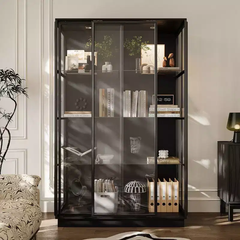 Black Glass Display Cabinet with LED Spotlights, Sliding Doors, 1-Person Assembly