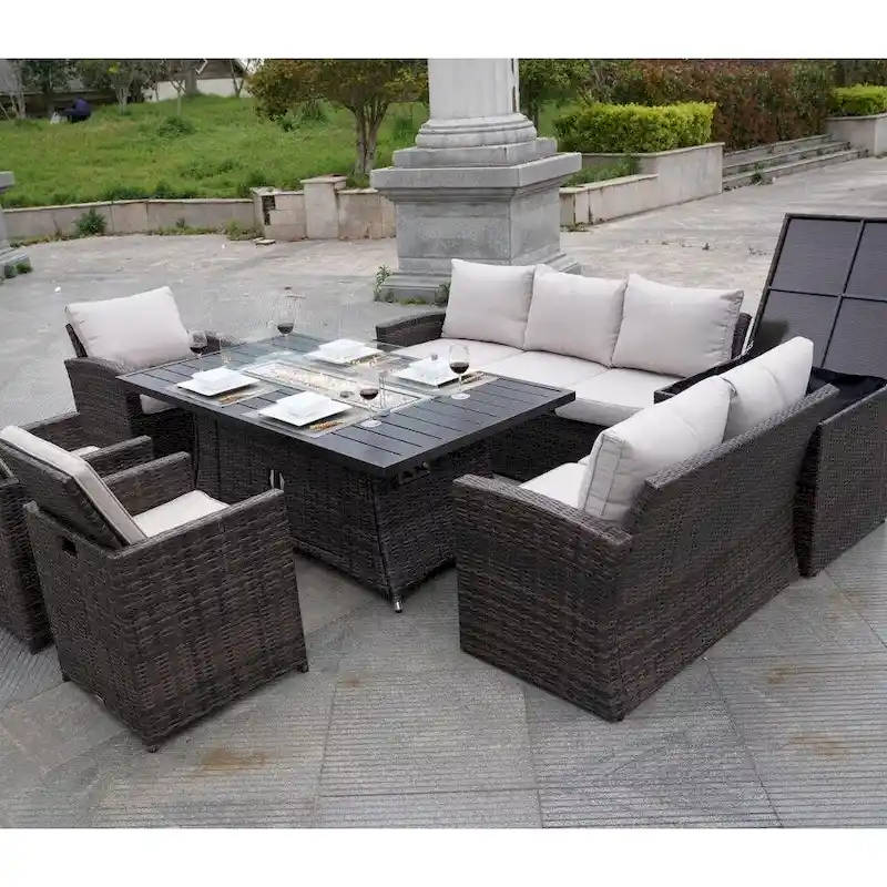 Patio Rattan Sofa Set with Alum Dining Table and Chairs