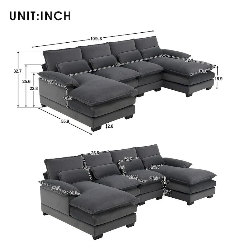 Modern U-shaped Sectional Sofa with Waist PillowsSleeper Sofa Couch with Chaise Lounge