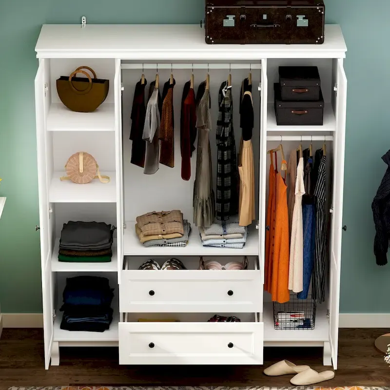 Home Traditional 2 Drawer Freestanding Wood Armoire in White Lacquer - 63 Wx71.3