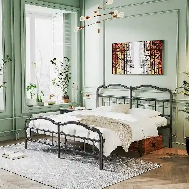 Heavy Duty Anti-Sway 18 Inch High Steel Tube Iron Bed, Double Wave Headboard And Footboard