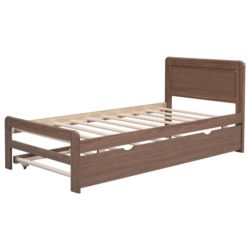 Brown Solid Wood Twin Bed with Trundle