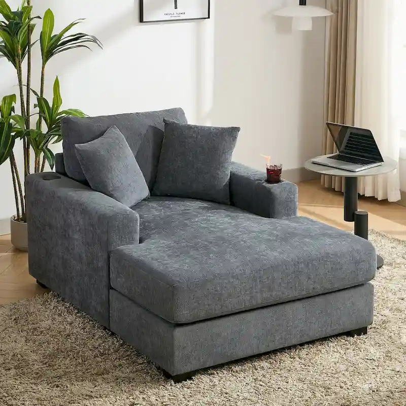 43.5 Chenille Fabric Chaise Lounger Sofa Couch with Pillows, Charge Station & Cup Holders