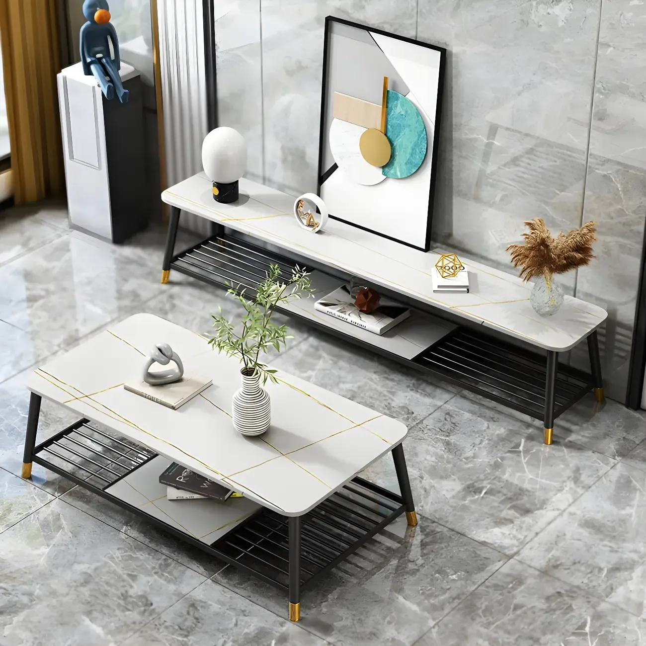 Modern White Stone TV Stand with Open Shelving