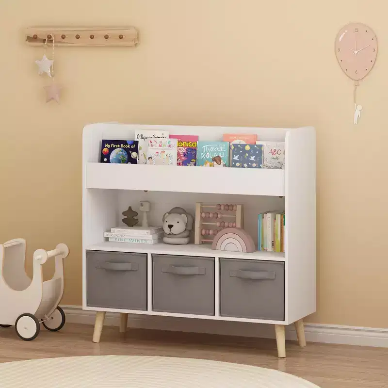 White Front-Facing Kids Bookshelf with 3 Gray Fabric Bins, Ages 3+