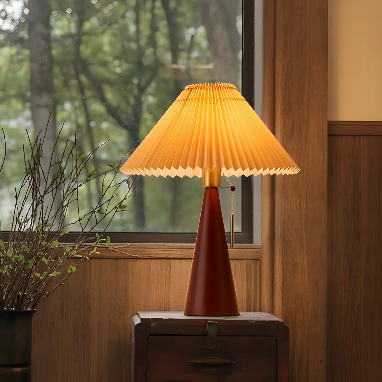 Modern Remote Wood Cone Bedside Table Lamp LED & Fabric