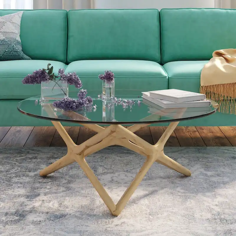 Coffee Table - 39.5 Tempered Glass Top, American Ash Wood, 6-Point Cross Base, Modern Design