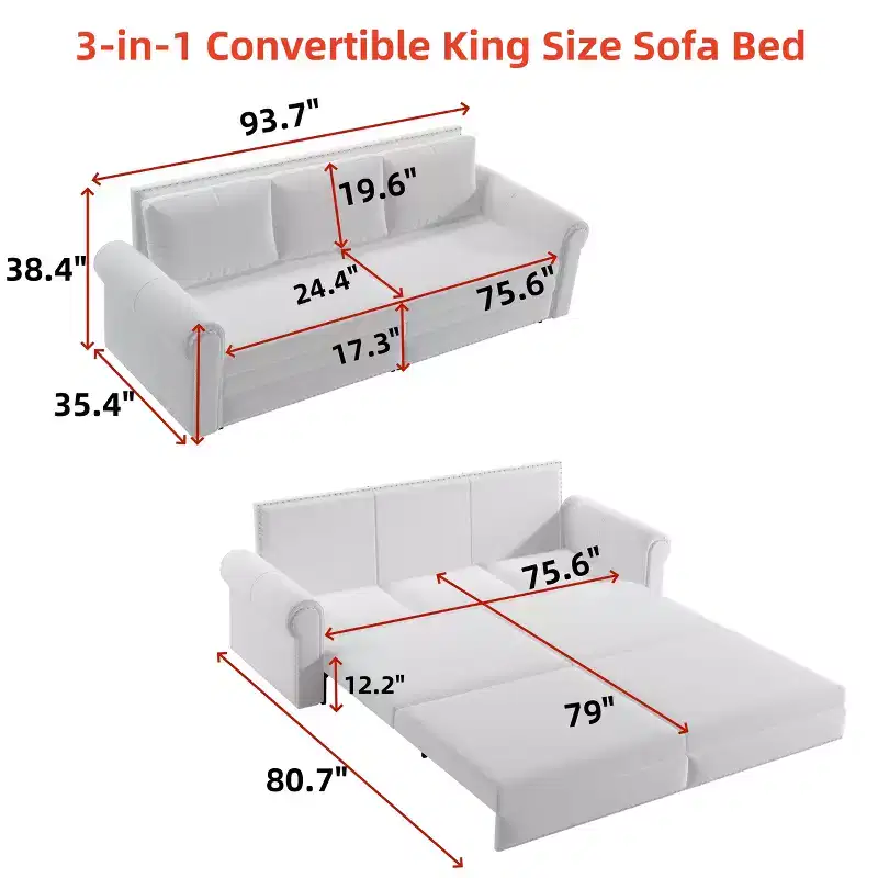 MAYEERTY 93.7 King Pull Out Sofa Bed, 3-in-1 Velvet Convertible Sleeper Sofa with Nailhead Trim& Rolled Arm Blue