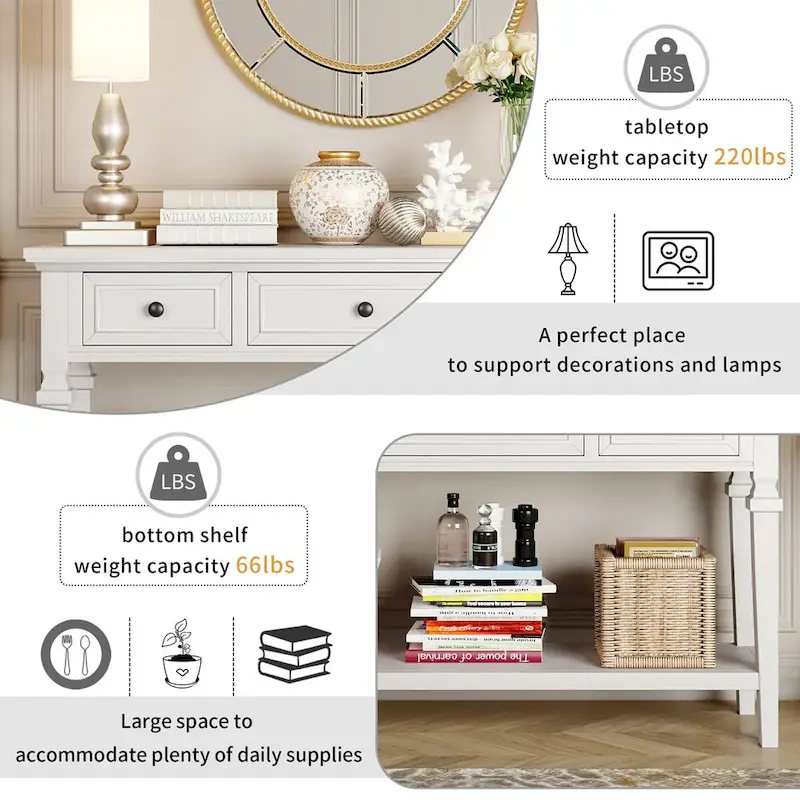 50 Farmhouse 50 Inch Classic Retro Console Three Top Drawers and Open Style Bottom Shelf, Sofa Table with Solid Wooden Frame