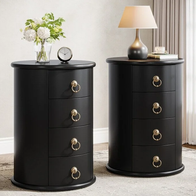 Solid Wood Bedside Table, Round Nightstand with 4 Drawers