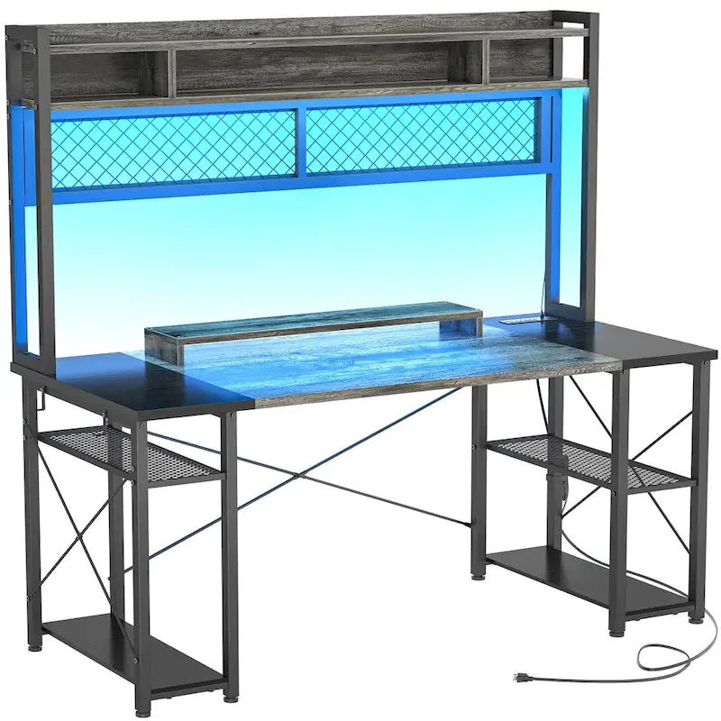 Gaming Deck with Charge Station and LED Light, Computer Table with Hutch and Shelves