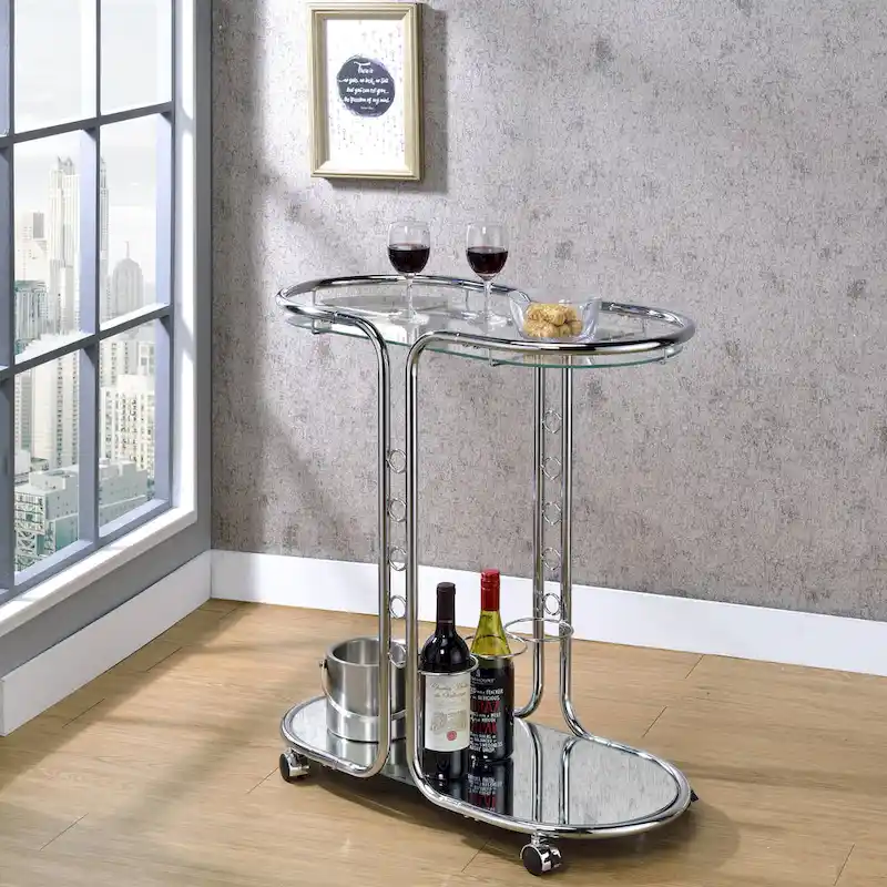 Daxton Modern Chrome Glass Top Serving Cart with Casters by Furniture of America