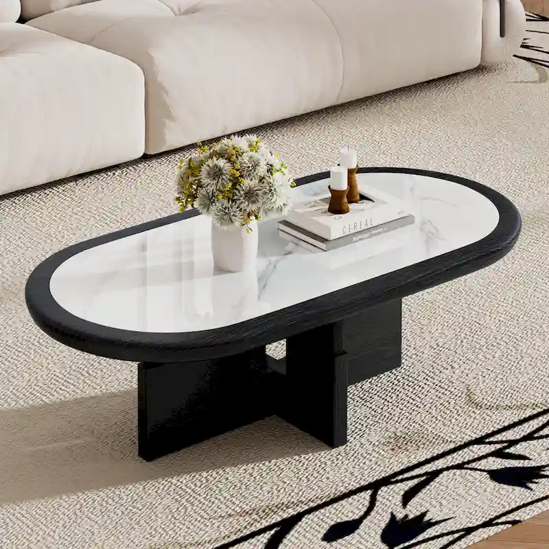 Black & White Oval Coffee Table - Wood Veneer with Sintered Stone Top (47