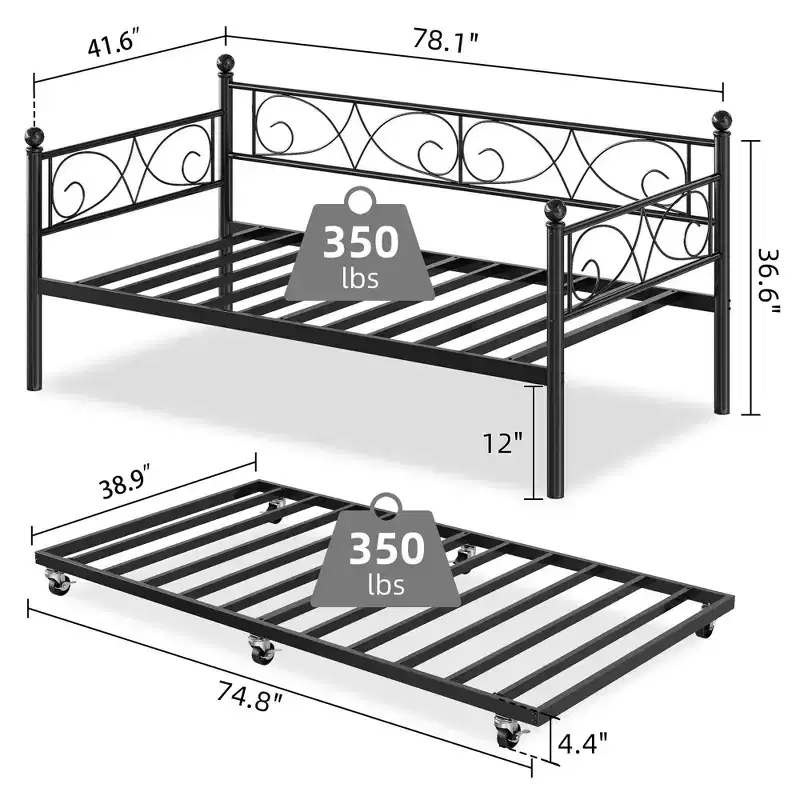 Coolmee Daybed with Trundle Bed, Twin Size Metal Day Bed with Floral Headboard, Modern Sofa Bed Frame, Heavy Duty Steel Slats Supports