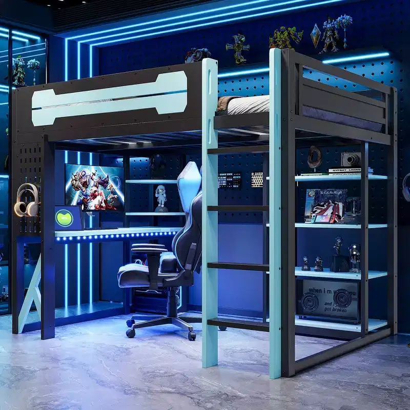 Full Size Loft Bed with Desk & Shelves – Black & Blue / Black & Green / Black & Red, 1-Person