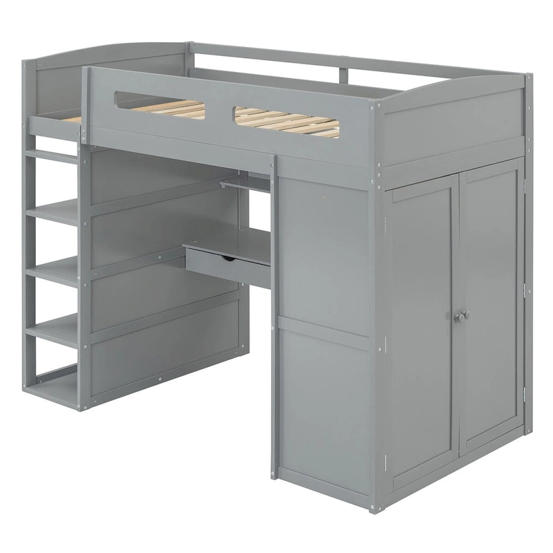 Merax Loft Bed with Desk, Wardrobes, 4 Drawers and 4 Shelves