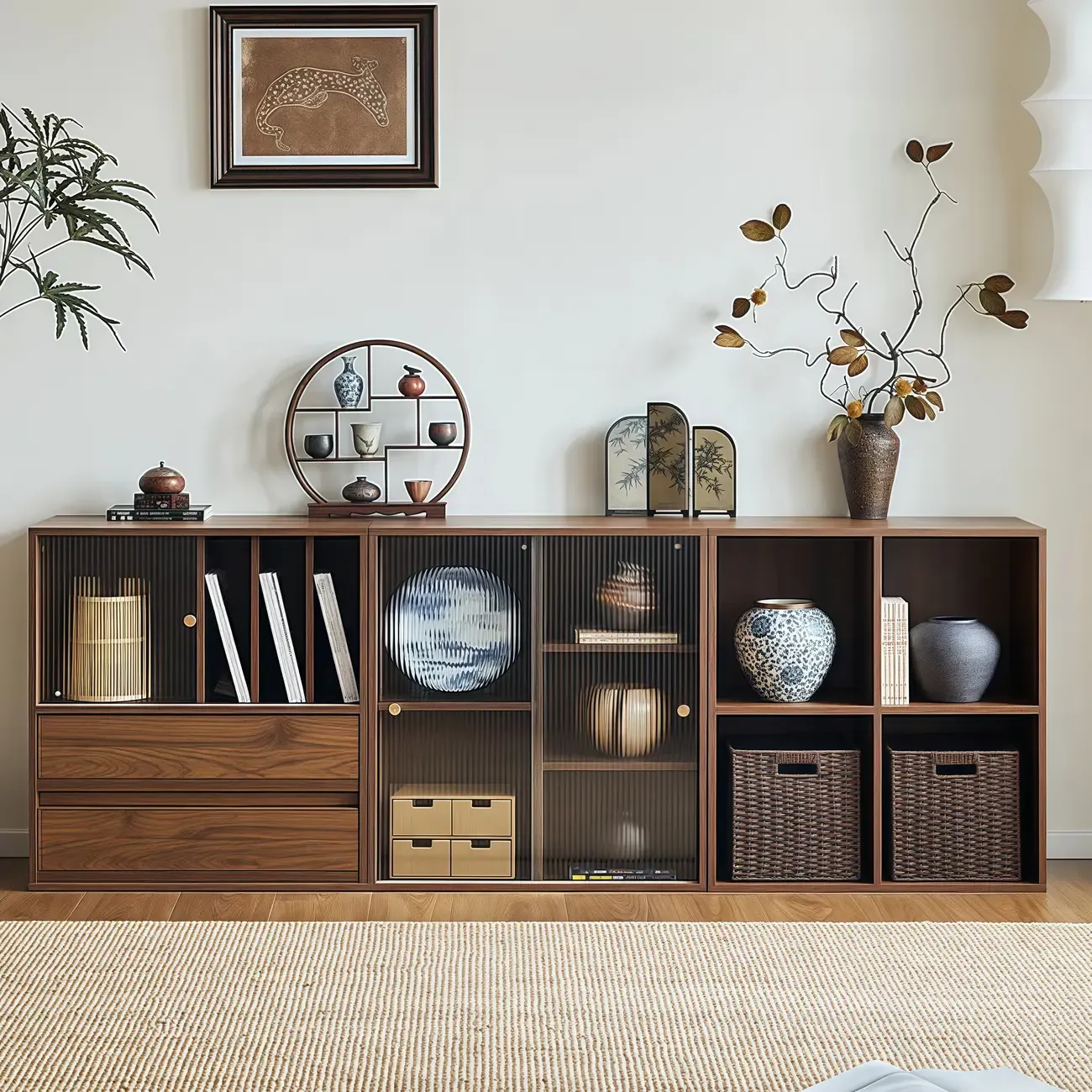 Short Modern Brown Wooden Cube Bookcase with Doors