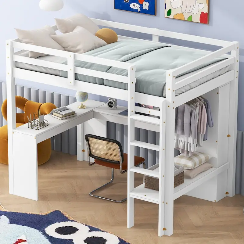 Twin Size Loft Bed with L-shaped Desk, Wardrobe and Storage Shelves