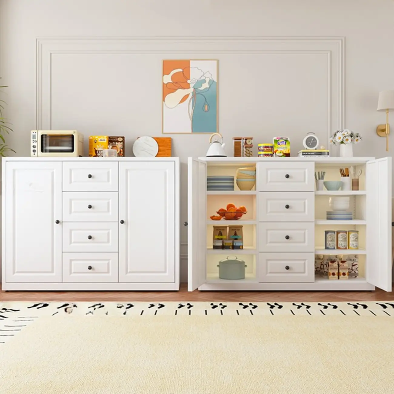 Narrow Metal White Buffet Cabinet with Drawer