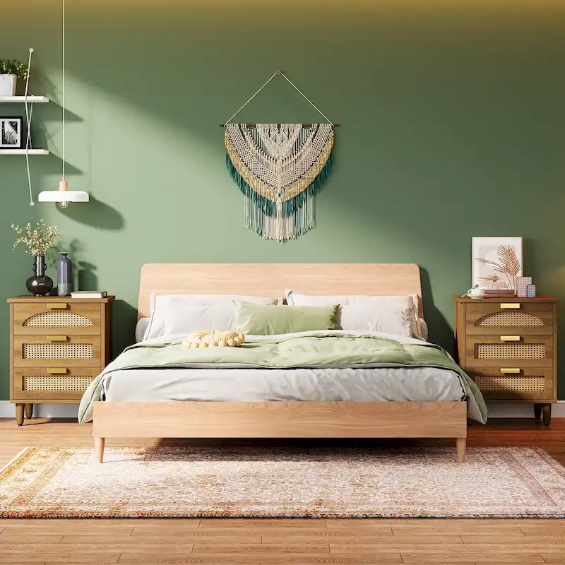 Wood/ Rattan Nightstand Bedside Table with 3-drawer