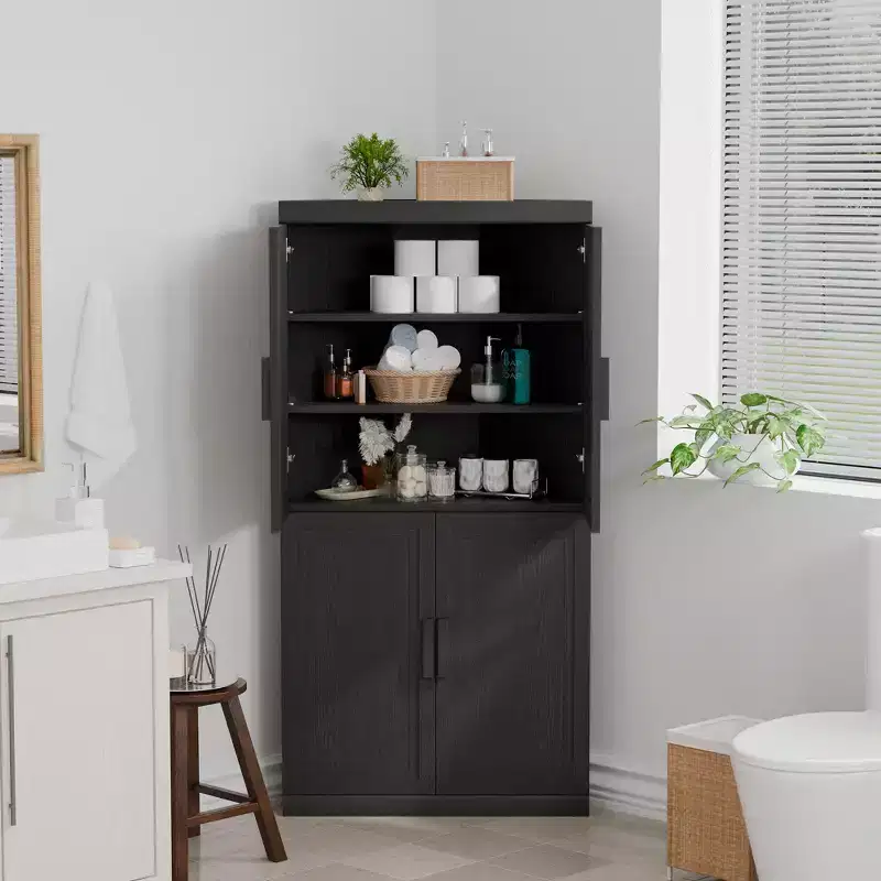 MAYEERTY Modern Solid Wood 4 Doors Corner Storage Cabinet Efficient Storage for Home Cornei Libing Room Black 2 Piece