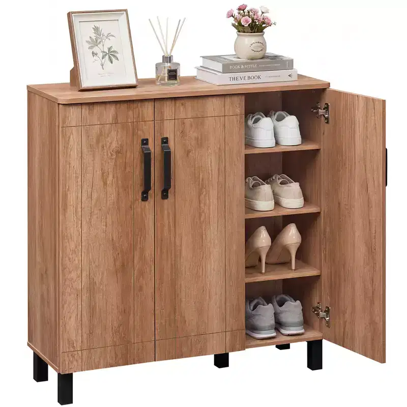 Mocha Oak 3-Door Shoe Cabinet, 4-Tier, Fits 1–2 Users