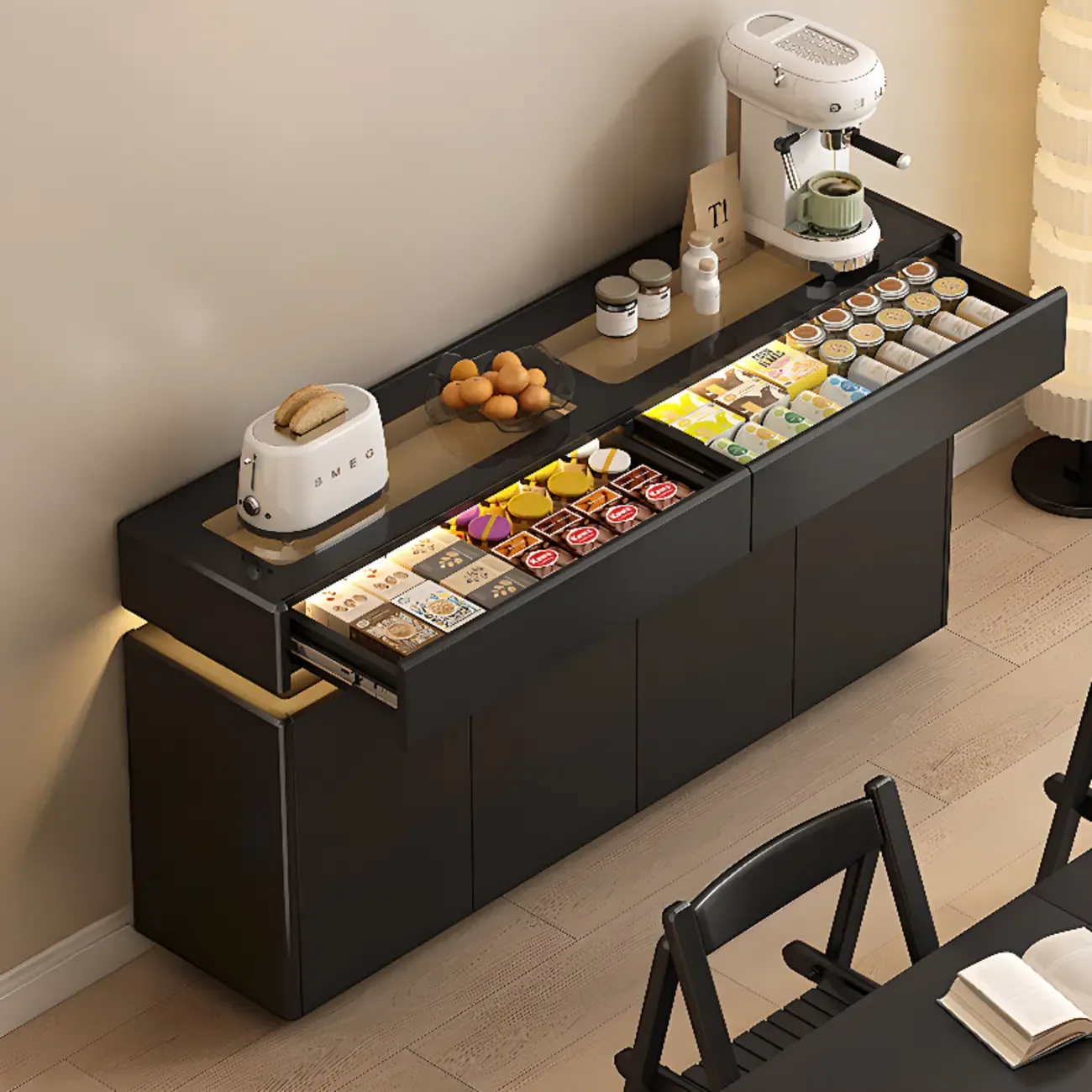 LED Light Wooden Glass Black Sideboard with Drawers Shelves