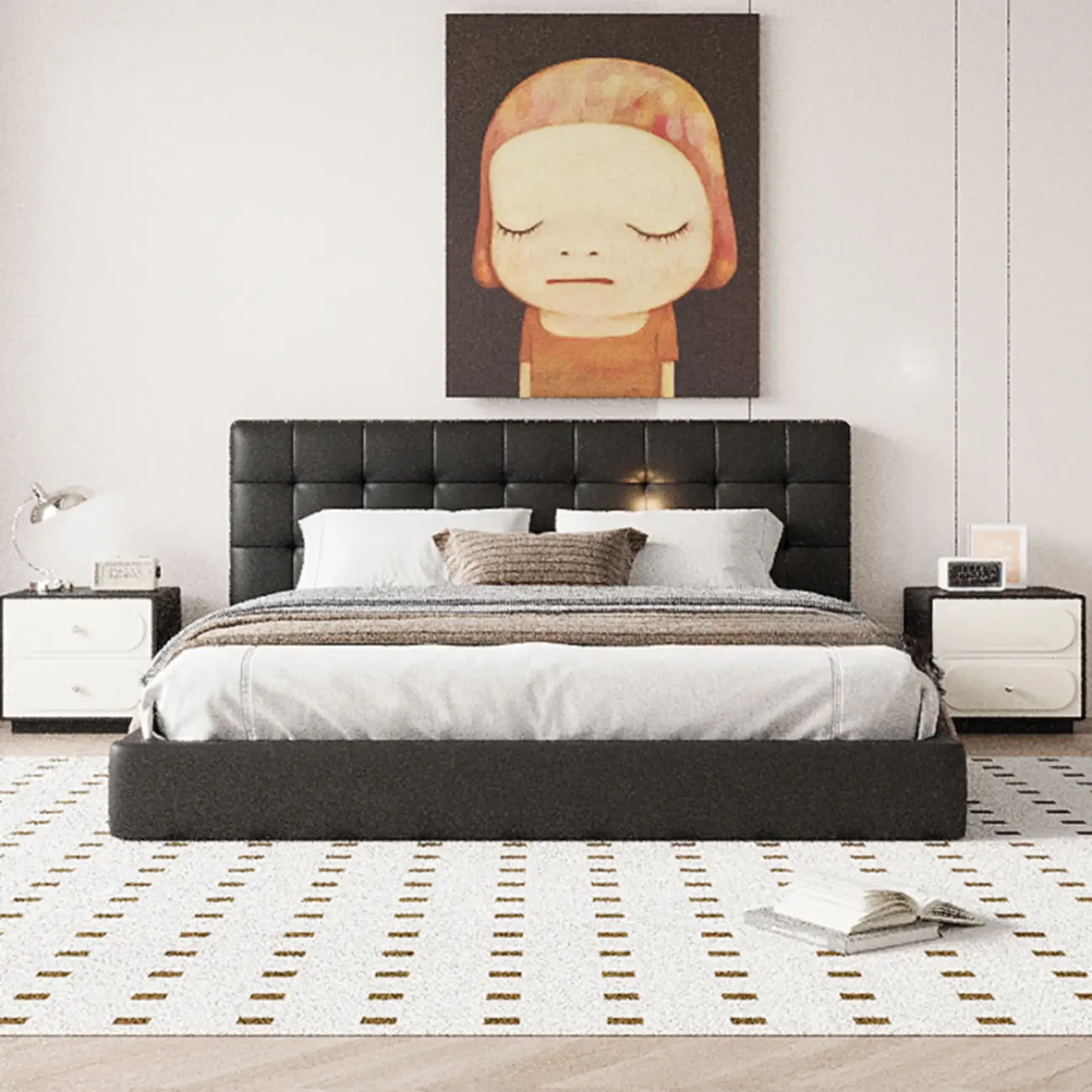 Modern Leather Top Wooden 2 Drawer Nightstand