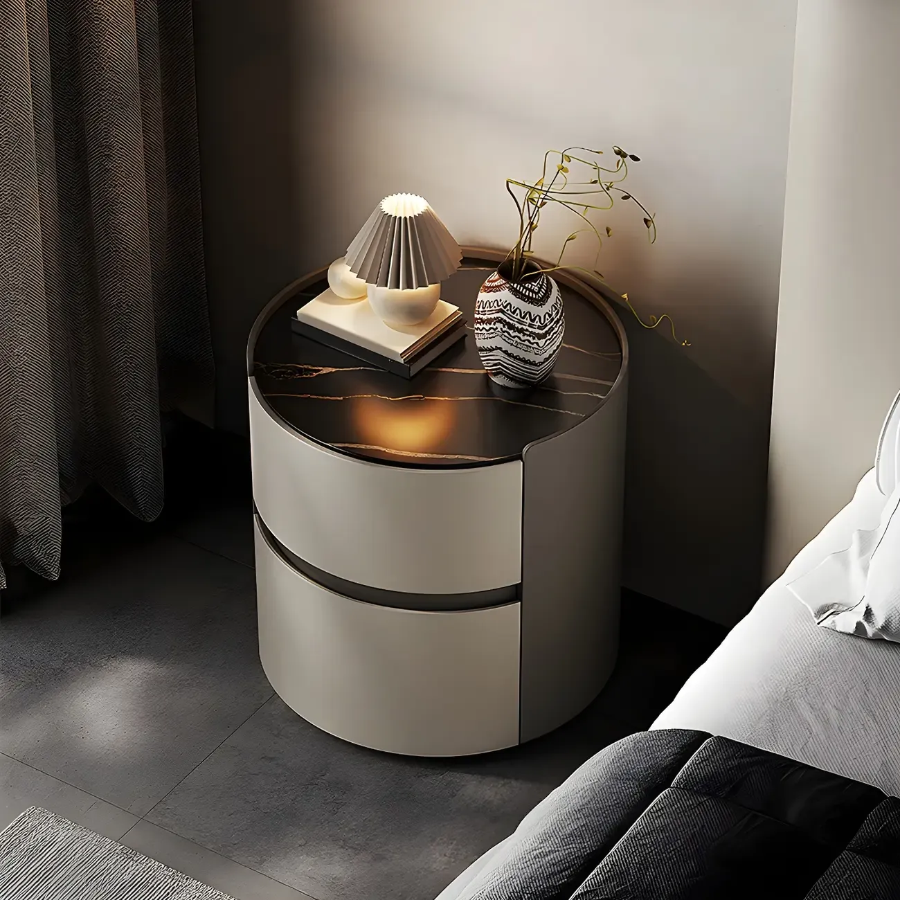 Modern Slate Countertop Round 2-Drawer Nightstand