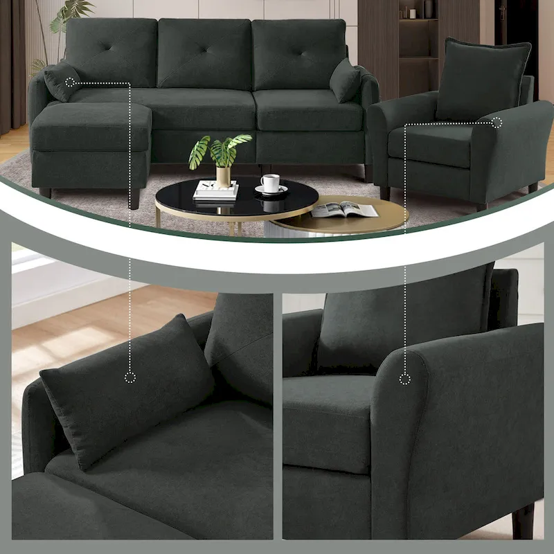 3-Pieces Sectional Sofa Set with Ottoman and Chair
