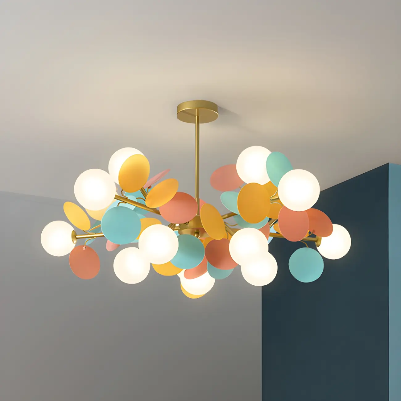Pastel Sphere Glass and Metal Starburst Chandelier