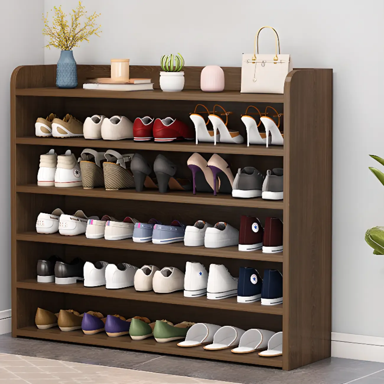 Vertical White Wooden Hallway 6-Tier Open Shoe Rack