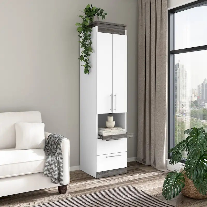 Narrow Storage Cabinet with Drawers and Pull-Out Shelf